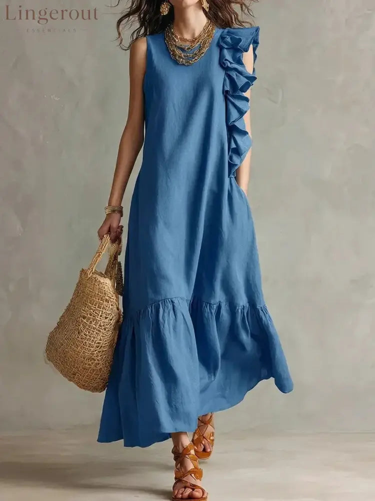 New Irregular Ruffled Sleeveless Women’S Dress - Blue / S