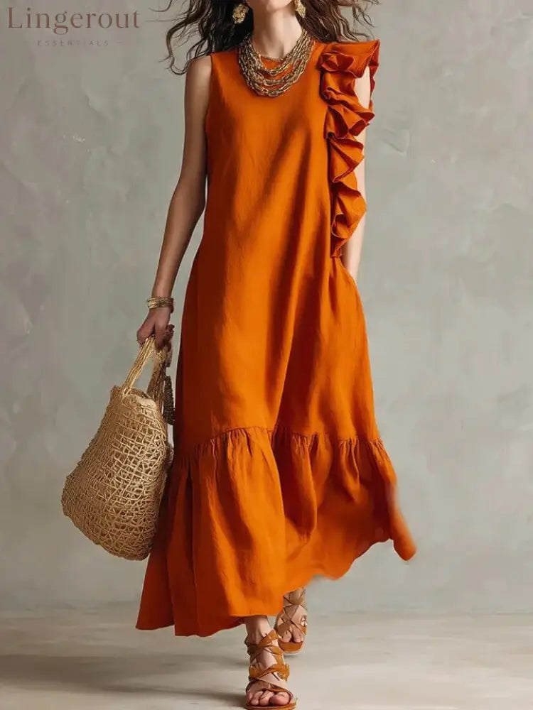 New Irregular Ruffled Sleeveless Women’S Dress - Orange red / S