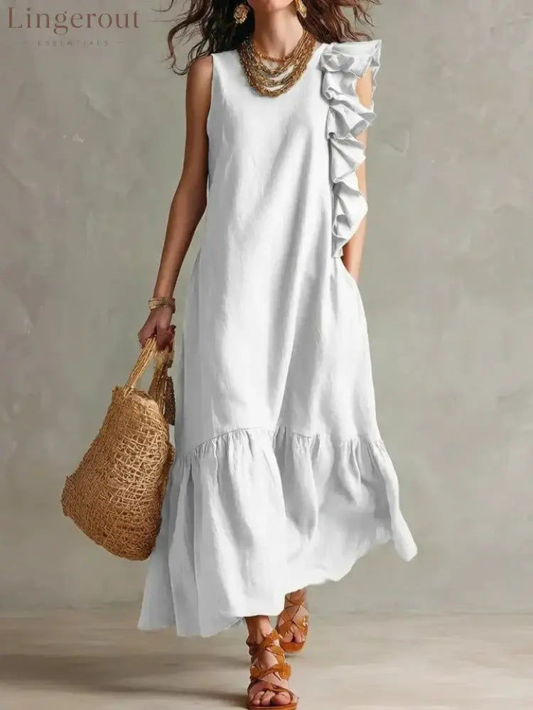 New Irregular Ruffled Sleeveless Women’S Dress - White / S
