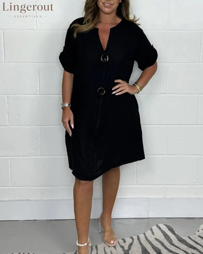 New Plus Size Button Up Tunic Dress - Black / S