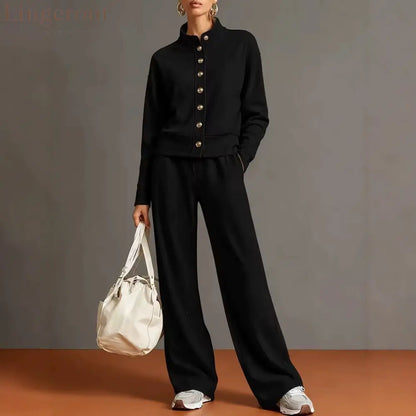 New Solid Color Stand-Up Collar Cardigan Sweatshirt Wide-Leg Pants Suit Independent Station Popular Women - Black / S