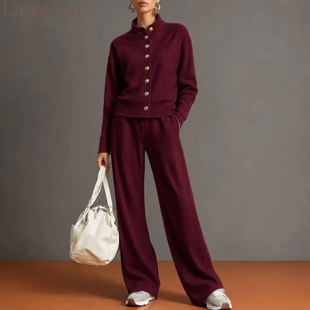 New Solid Color Stand-Up Collar Cardigan Sweatshirt Wide-Leg Pants Suit Independent Station Popular Women - Claret / S
