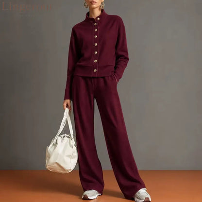 New Solid Color Stand-Up Collar Cardigan Sweatshirt Wide-Leg Pants Suit Independent Station Popular Women - Claret / S
