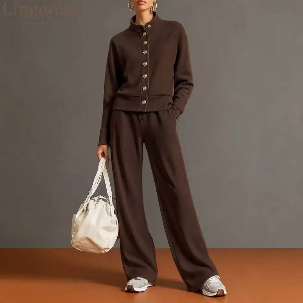 New Solid Color Stand-Up Collar Cardigan Sweatshirt Wide-Leg Pants Suit Independent Station Popular Women - Dark brown