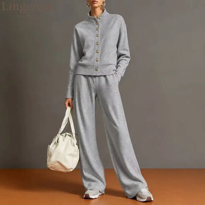 New Solid Color Stand-Up Collar Cardigan Sweatshirt Wide-Leg Pants Suit Independent Station Popular Women - Dark gray