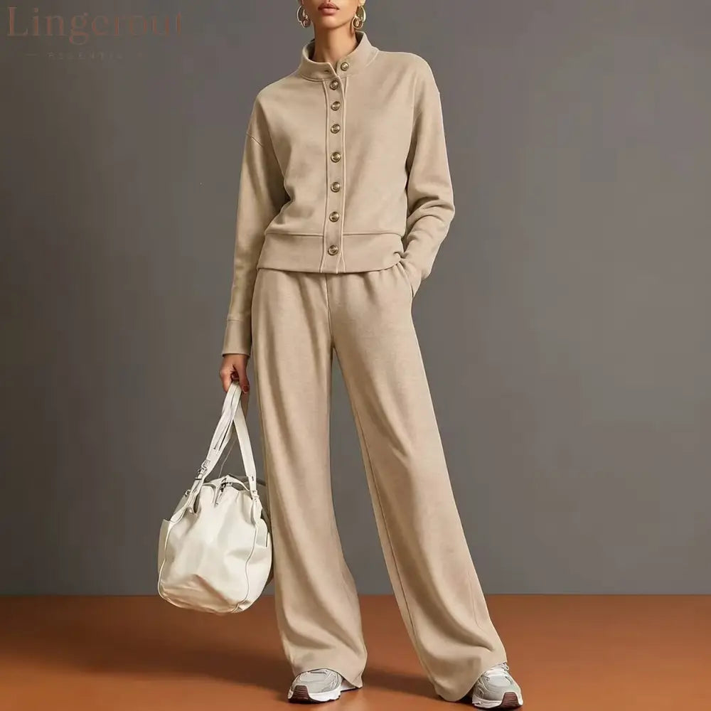 New Solid Color Stand-Up Collar Cardigan Sweatshirt Wide-Leg Pants Suit Independent Station Popular Women - Khaki / S