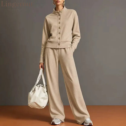 New Solid Color Stand-Up Collar Cardigan Sweatshirt Wide-Leg Pants Suit Independent Station Popular Women - Khaki / S