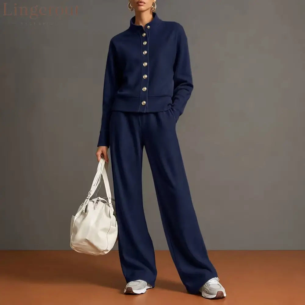 New Solid Color Stand-Up Collar Cardigan Sweatshirt Wide-Leg Pants Suit Independent Station Popular Women - Navy blue