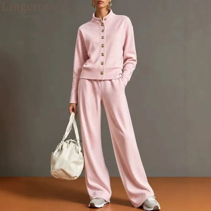 New Solid Color Stand-Up Collar Cardigan Sweatshirt Wide-Leg Pants Suit Independent Station Popular Women - Pink / S