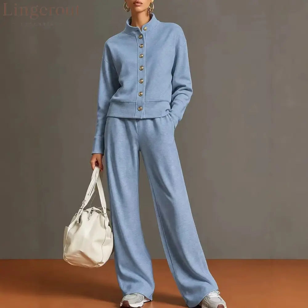 New Solid Color Stand-Up Collar Cardigan Sweatshirt Wide-Leg Pants Suit Independent Station Popular Women - Sky blue / S