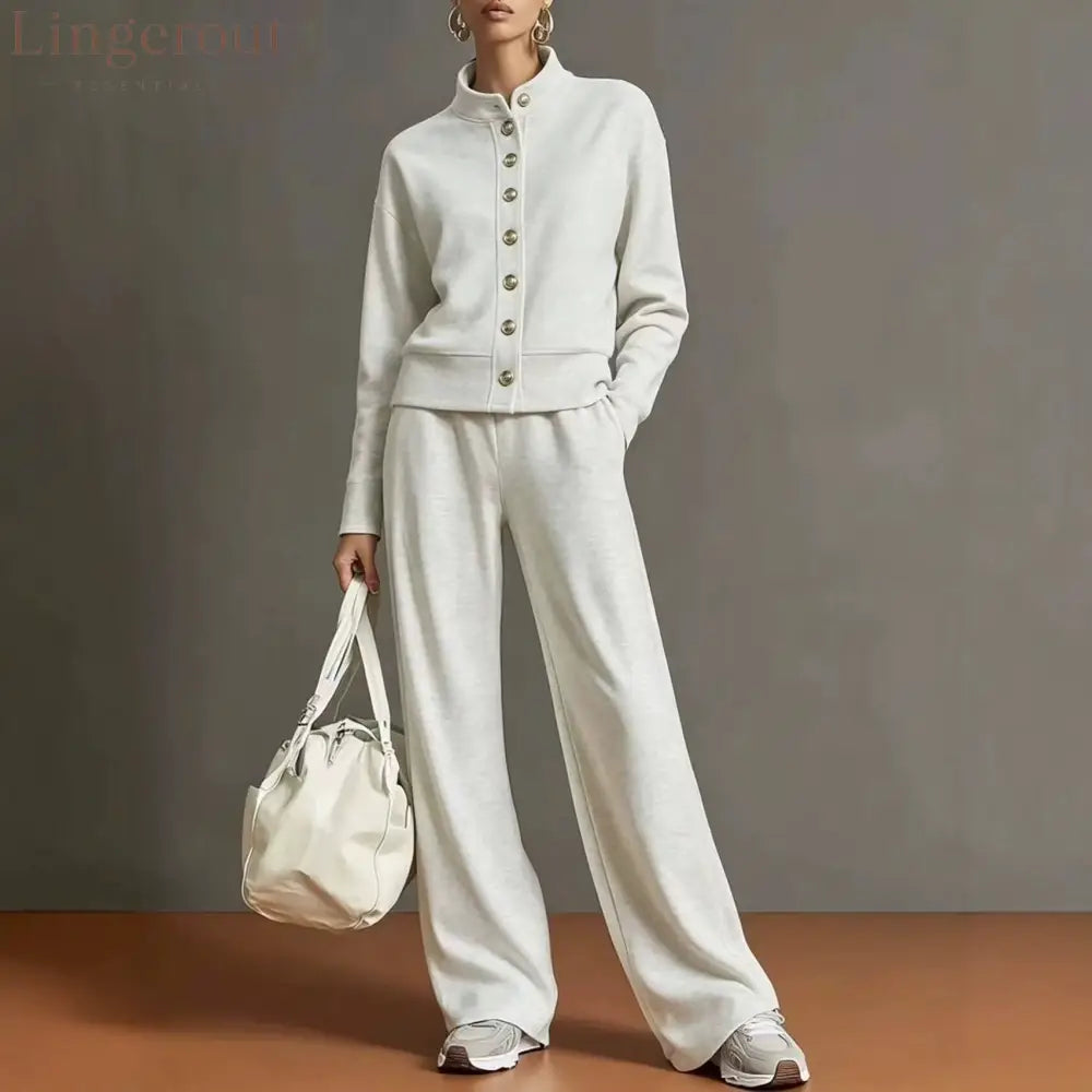 New Solid Color Stand-Up Collar Cardigan Sweatshirt Wide-Leg Pants Suit Independent Station Popular Women - White / S
