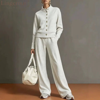New Solid Color Stand-Up Collar Cardigan Sweatshirt Wide-Leg Pants Suit Independent Station Popular Women - White / S