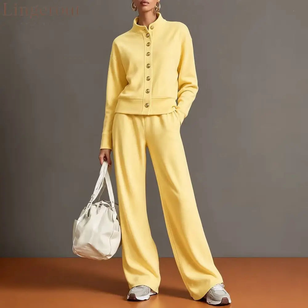 New Solid Color Stand-Up Collar Cardigan Sweatshirt Wide-Leg Pants Suit Independent Station Popular Women - Yellow / S