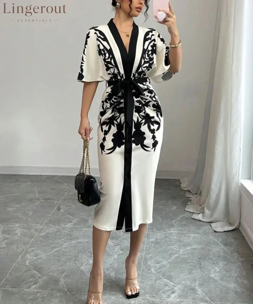 Noir Print Midi Dress - WHITE / S