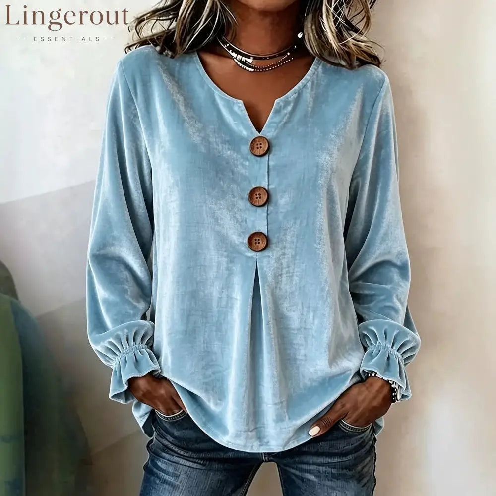 Notch V Neck Wooden Button Pleated Front Puff Cuff Long Sleeve Blouse
