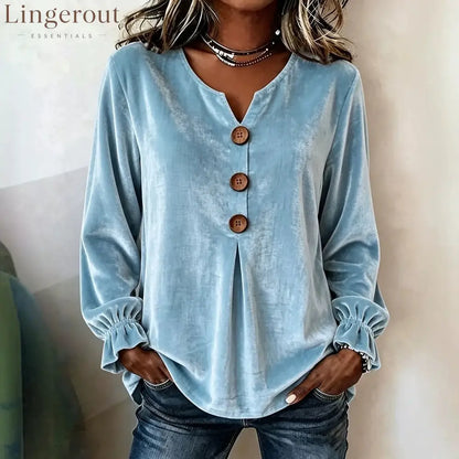 Notch V Neck Wooden Button Pleated Front Puff Cuff Long Sleeve Blouse
