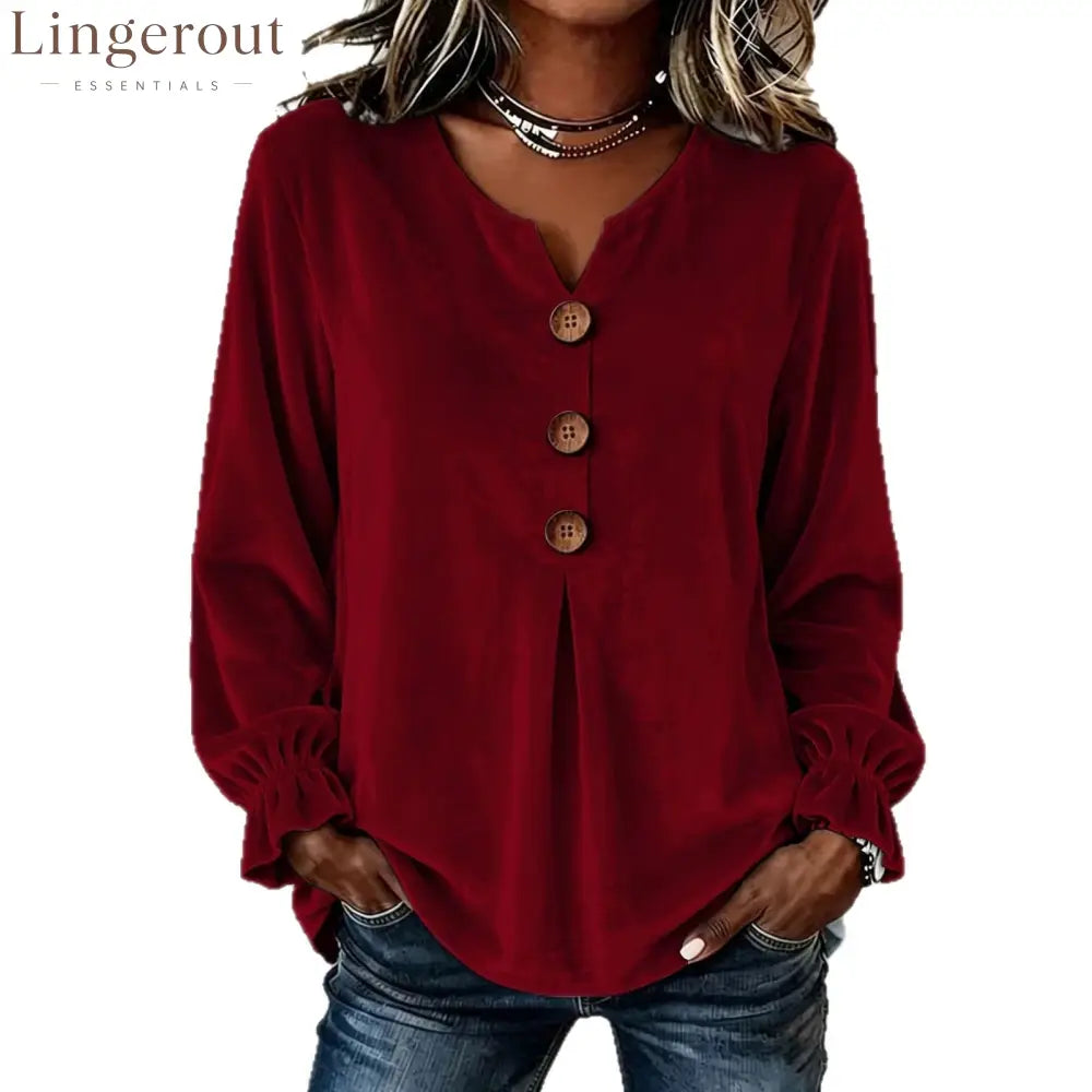 Notch V Neck Wooden Button Pleated Front Puff Cuff Long Sleeve Blouse