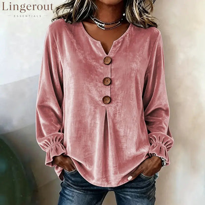 Notch V Neck Wooden Button Pleated Front Puff Cuff Long Sleeve Blouse