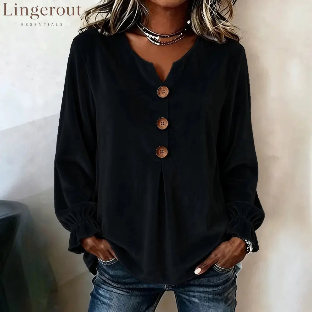 Notch V Neck Wooden Button Pleated Front Puff Cuff Long Sleeve Blouse