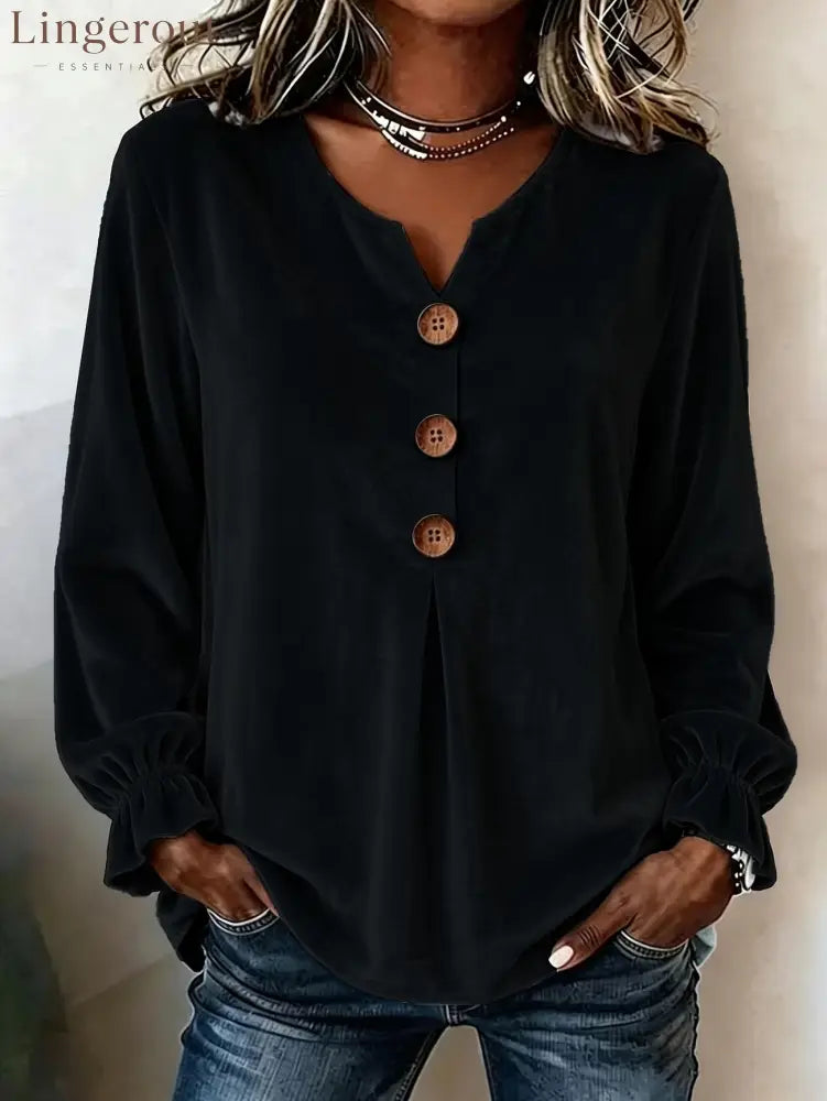Notch V Neck Wooden Button Pleated Front Puff Cuff Long Sleeve Blouse - Black / S