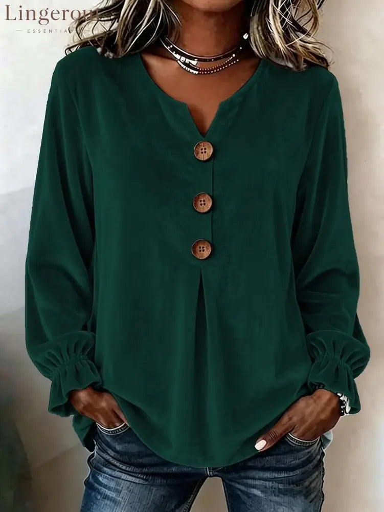 Notch V Neck Wooden Button Pleated Front Puff Cuff Long Sleeve Blouse - Green / S
