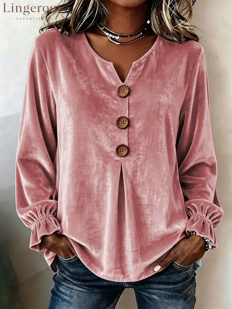 Notch V Neck Wooden Button Pleated Front Puff Cuff Long Sleeve Blouse - Pink / S