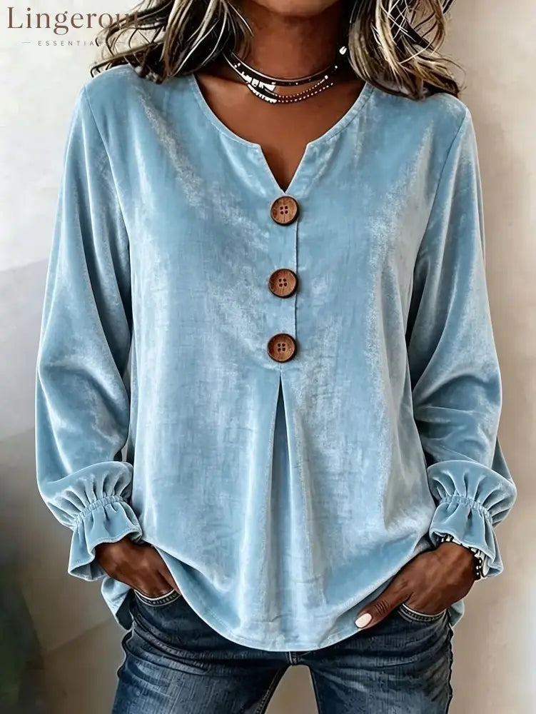 Notch V Neck Wooden Button Pleated Front Puff Cuff Long Sleeve Blouse - Sky blue / S