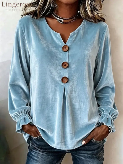 Notch V Neck Wooden Button Pleated Front Puff Cuff Long Sleeve Blouse - Sky blue / S