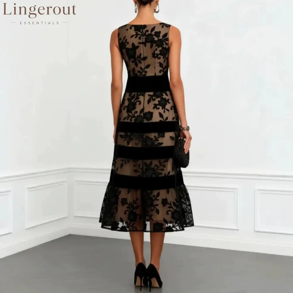 Nude Mesh Black Floral Lace Velvet Strip Sleeveless Midi Dress