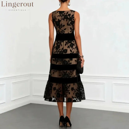 Nude Mesh Black Floral Lace Velvet Strip Sleeveless Midi Dress