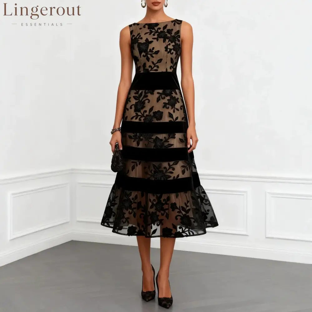Nude Mesh Black Floral Lace Velvet Strip Sleeveless Midi Dress