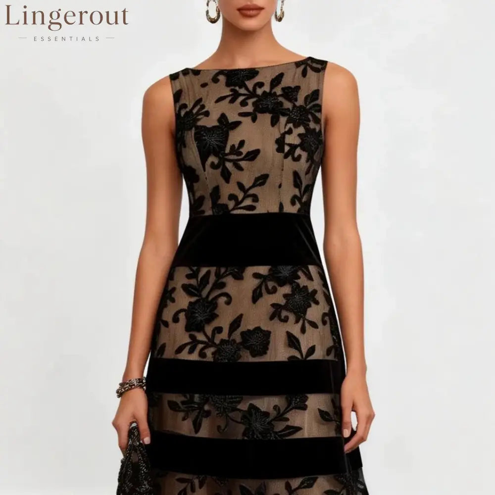 Nude Mesh Black Floral Lace Velvet Strip Sleeveless Midi Dress