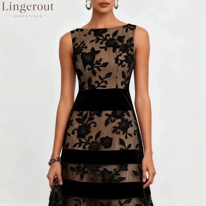 Nude Mesh Black Floral Lace Velvet Strip Sleeveless Midi Dress