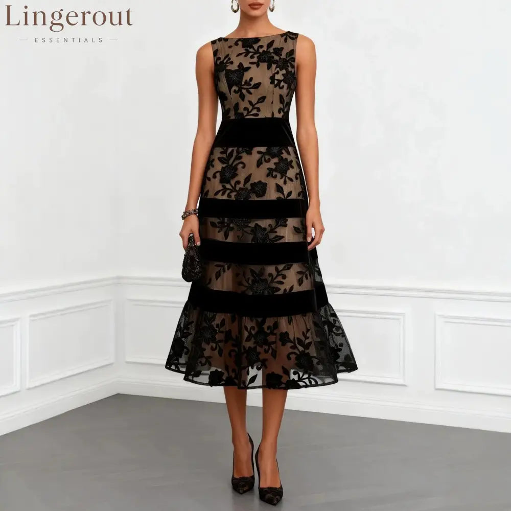Nude Mesh Black Floral Lace Velvet Strip Sleeveless Midi Dress