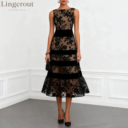 Nude Mesh Black Floral Lace Velvet Strip Sleeveless Midi Dress