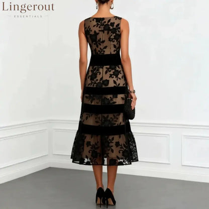 Nude Mesh Black Floral Lace Velvet Strip Sleeveless Midi Dress