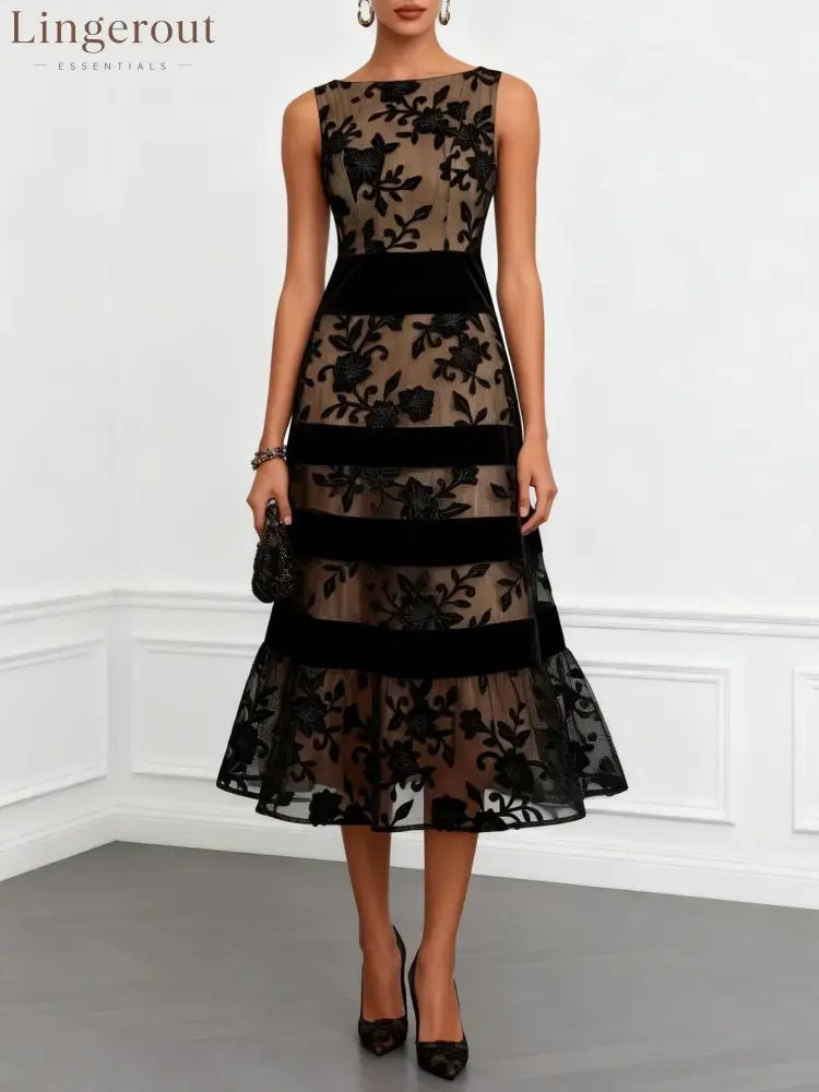 Nude Mesh Black Floral Lace Velvet Strip Sleeveless Midi Dress - Black / XS