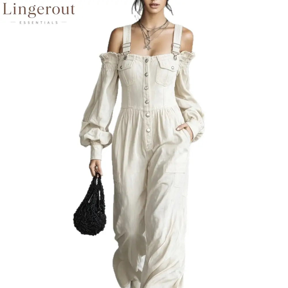 2026 New Amazon Cross-Border Retro Denim Jumpsuit Women’S One Shoulder Lantern Sleeve High Waist Slim Wide Leg Pants