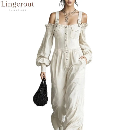 2026 New Amazon Cross-Border Retro Denim Jumpsuit Women’S One Shoulder Lantern Sleeve High Waist Slim Wide Leg Pants