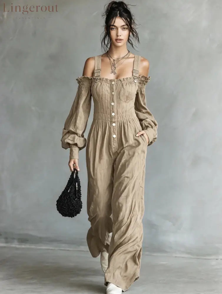 2026 New Amazon Cross-Border Retro Denim Jumpsuit Women’S One Shoulder Lantern Sleeve High Waist Slim Wide Leg Pants