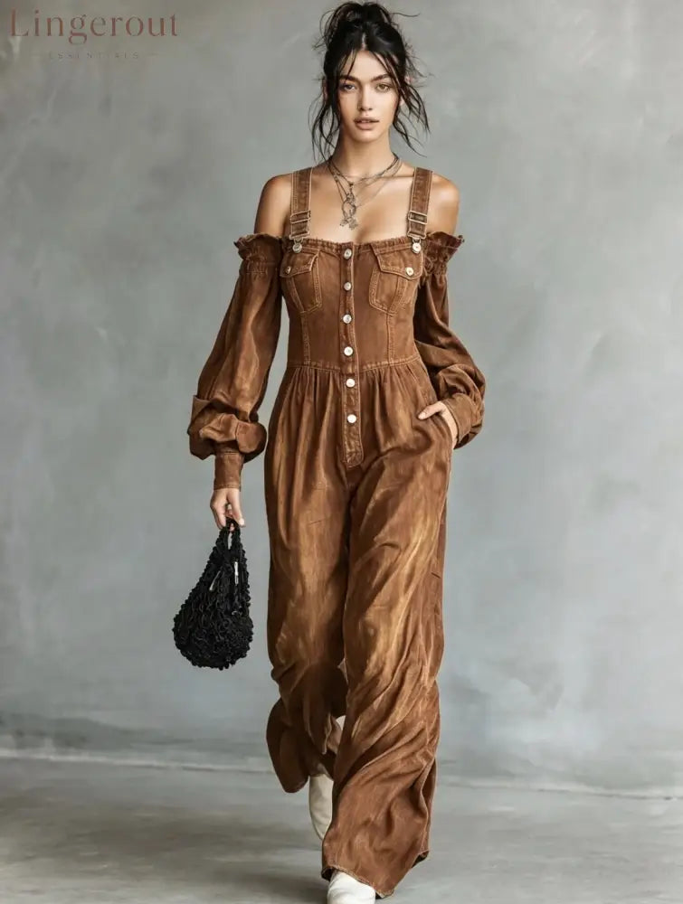 2026 New Amazon Cross-Border Retro Denim Jumpsuit Women’S One Shoulder Lantern Sleeve High Waist Slim Wide Leg Pants