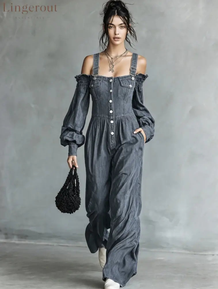 2026 New Amazon Cross-Border Retro Denim Jumpsuit Women’S One Shoulder Lantern Sleeve High Waist Slim Wide Leg Pants
