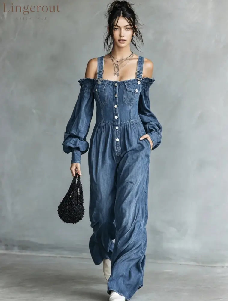 2026 New Amazon Cross-Border Retro Denim Jumpsuit Women’S One Shoulder Lantern Sleeve High Waist Slim Wide Leg Pants