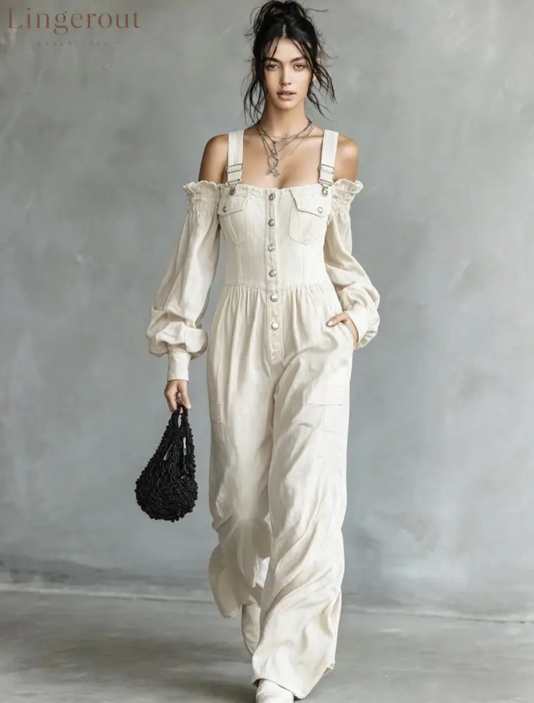 2026 New Amazon Cross-Border Retro Denim Jumpsuit Women’S One Shoulder Lantern Sleeve High Waist Slim Wide Leg Pants