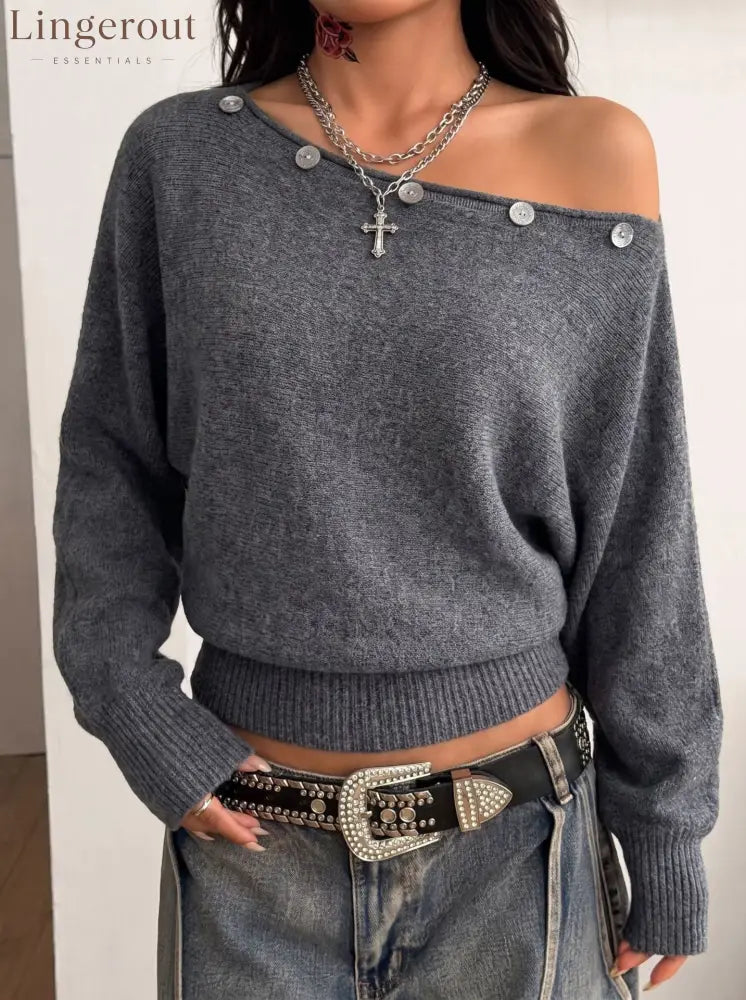 Off-Shoulder Button Detail Knit Top - Dark gray / S