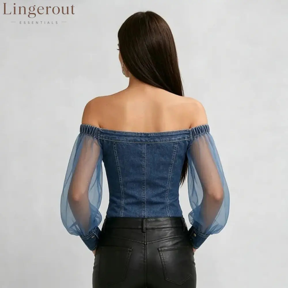 Off-Shoulder Denim Mesh Sleeve Top