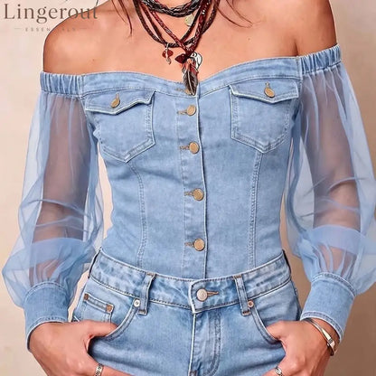 Off-Shoulder Denim Mesh Sleeve Top