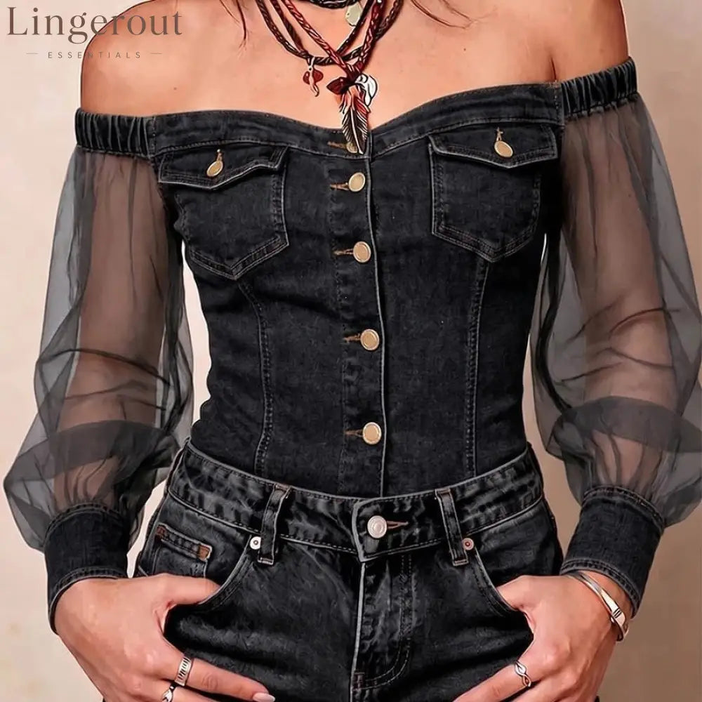 Off-Shoulder Denim Mesh Sleeve Top