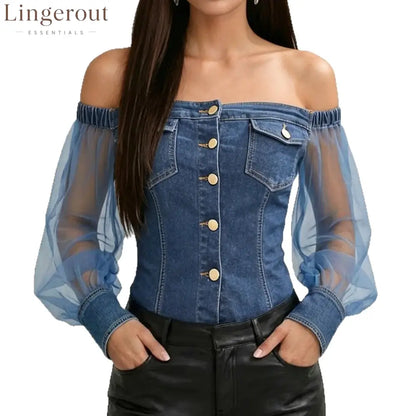 Off-Shoulder Denim Mesh Sleeve Top