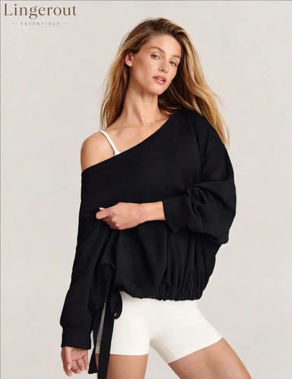 Off Shoulder Drawstring Hem Oversized Sweatshirt - Black / S